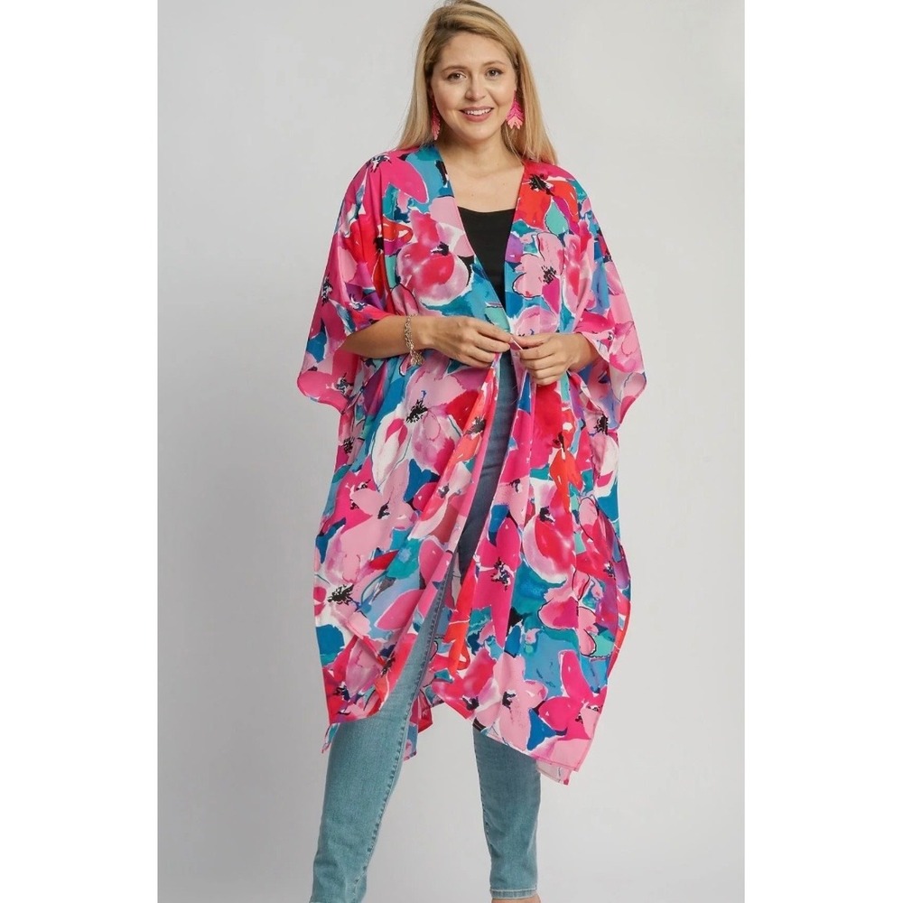 NWT Umgee Pink Blue Floral Kimono Cardigan Open Front Size Medium/Large‎
